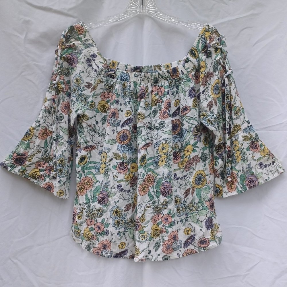 Floral print wide neck off the shoulder 3/4 flared sleeves top blouse